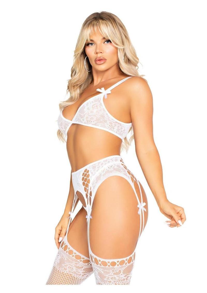 Lace Bralette And G-String Set With Lace Garter Tights