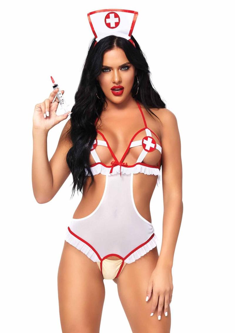 Naughty Nurse Set - 2-Piece White And Red Bodysuit With Accessories
