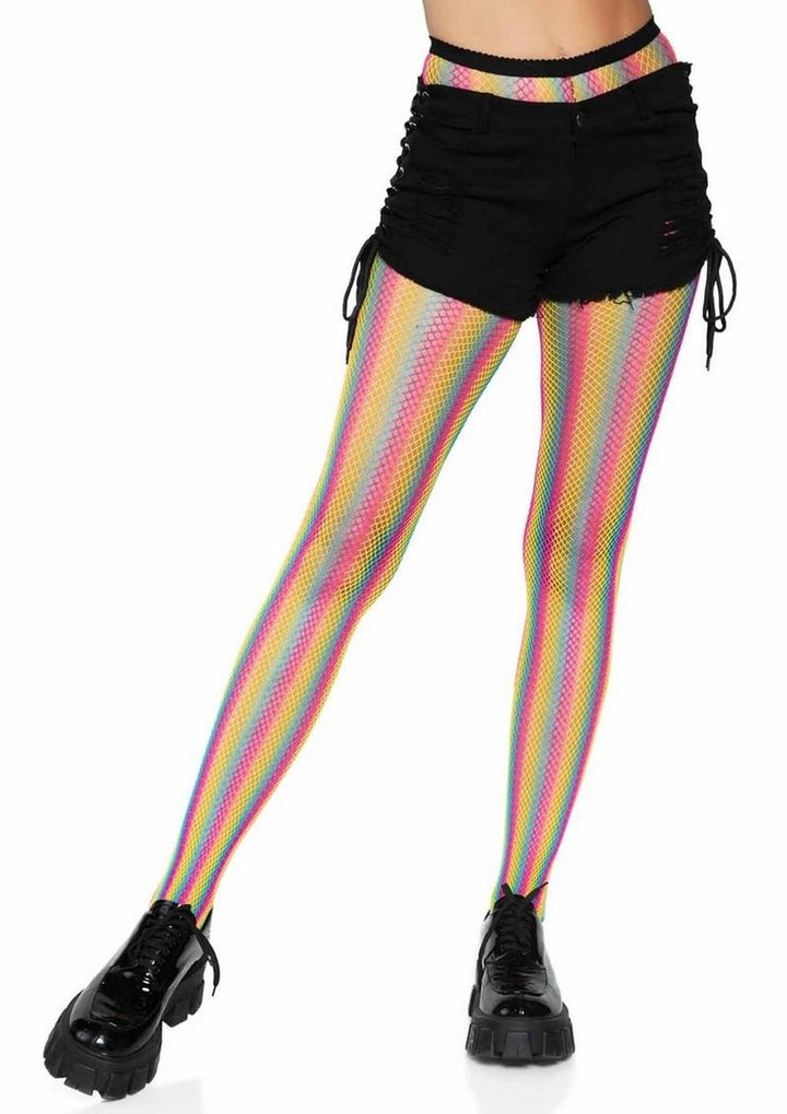 Neon Rainbow Striped Fishnet Pantyhose