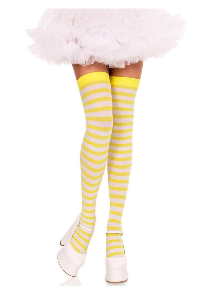 White With Yellow Striped Nylon Thigh High Stockings