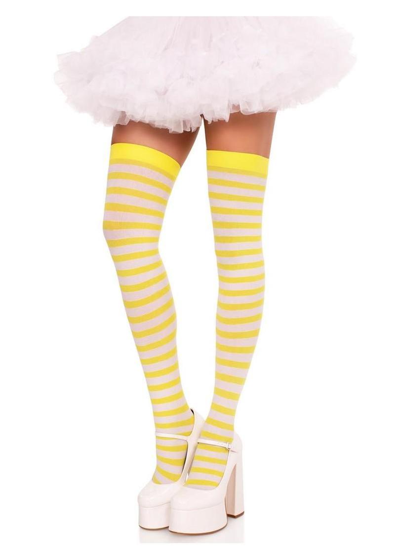 White With Yellow Striped Nylon Thigh High Stockings