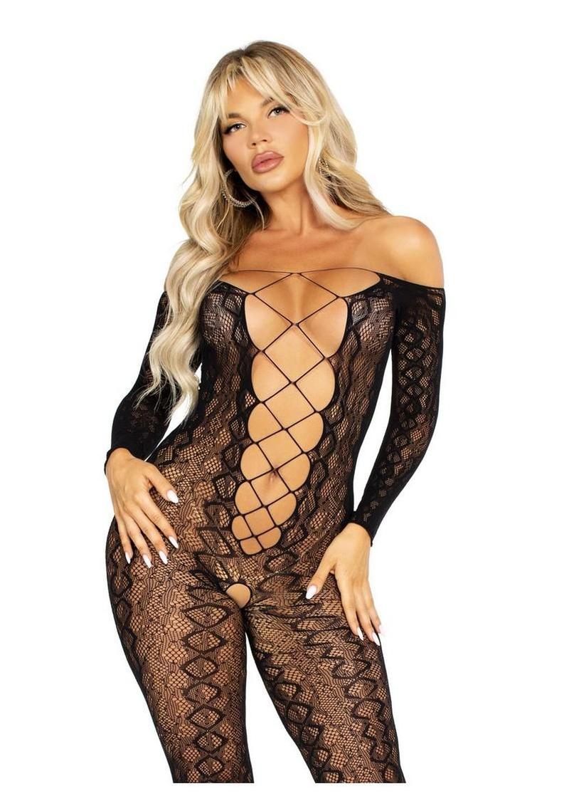 Python Net Crotchless Footless Lingerie Jumpsuit