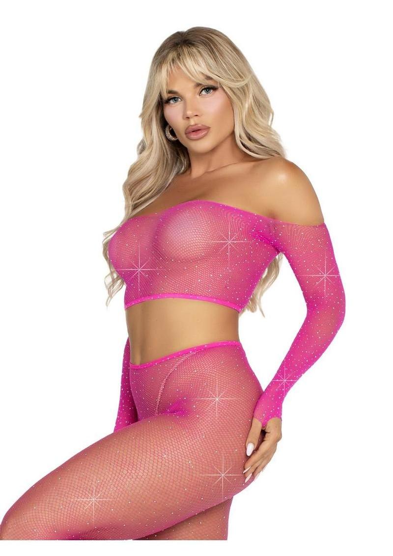 Leg Avenue Rhinestone Fishnet Crop Top and Footless Tights