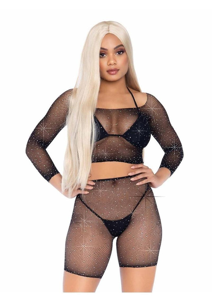 Leg Avenue Rhinestone Fishnet Long Sleeve Crop Top