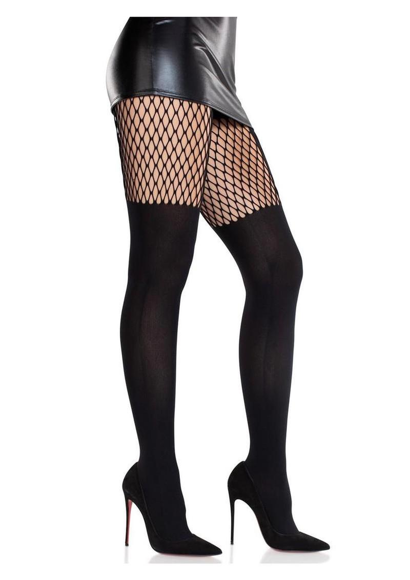 Leg Avenue Seamless Opaque Garter Illusion Tights With Net Thighs