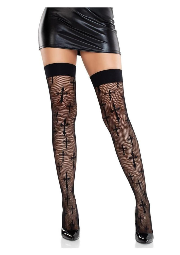 Black Fishnet Cross Pattern Thigh High Stockings