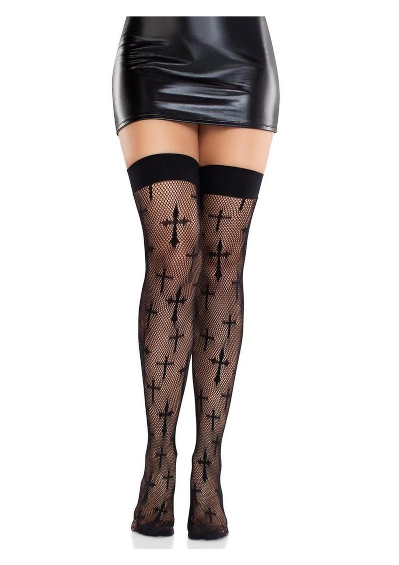 Black Fishnet Cross Pattern Thigh High Stockings