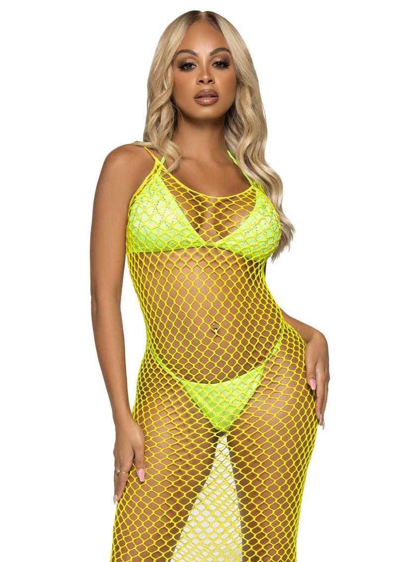 Lemon Woven Twist Net Backless Maxi Dress