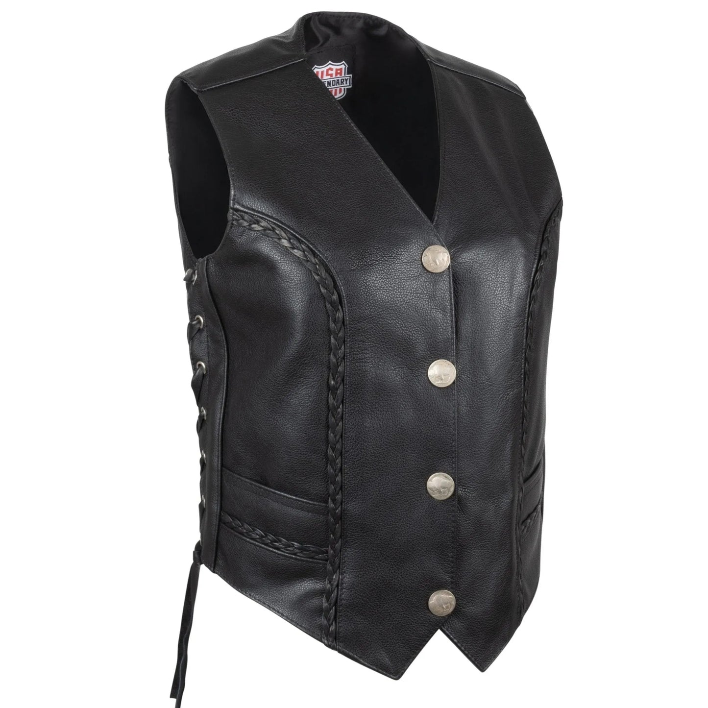 Legendary Vikla Chikla Women’s Leather Braided Motorcycle Vest w/Buffalo Nickel Snaps