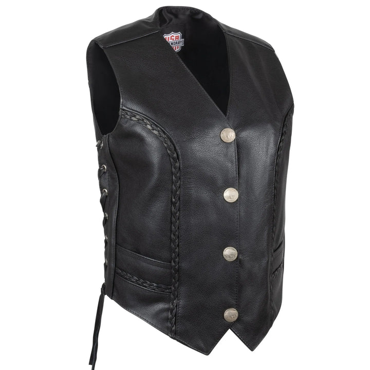 Legendary Vikla Chikla Women’s Leather Braided Motorcycle Vest w/Buffalo Nickel Snaps
