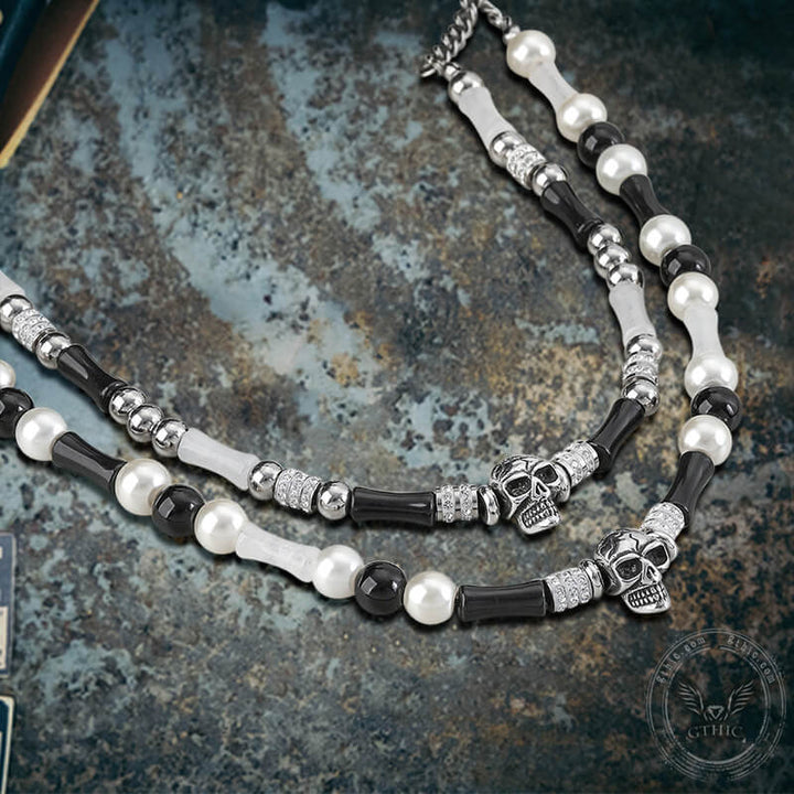 Multi-color Gemstone Beaded Stainless Steel Skull Necklace