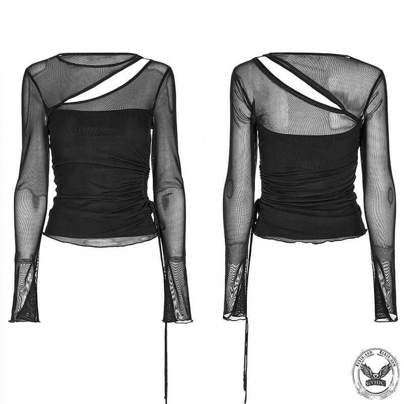 Oblique Slit Fitting Mesh Slim Shirt