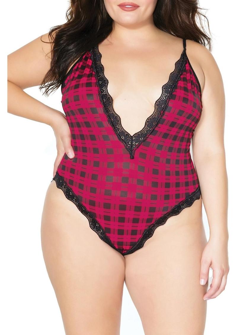 Pink Pussycat Plaid Teddy - Sexy Lace Trim One-Piece Bodysuit