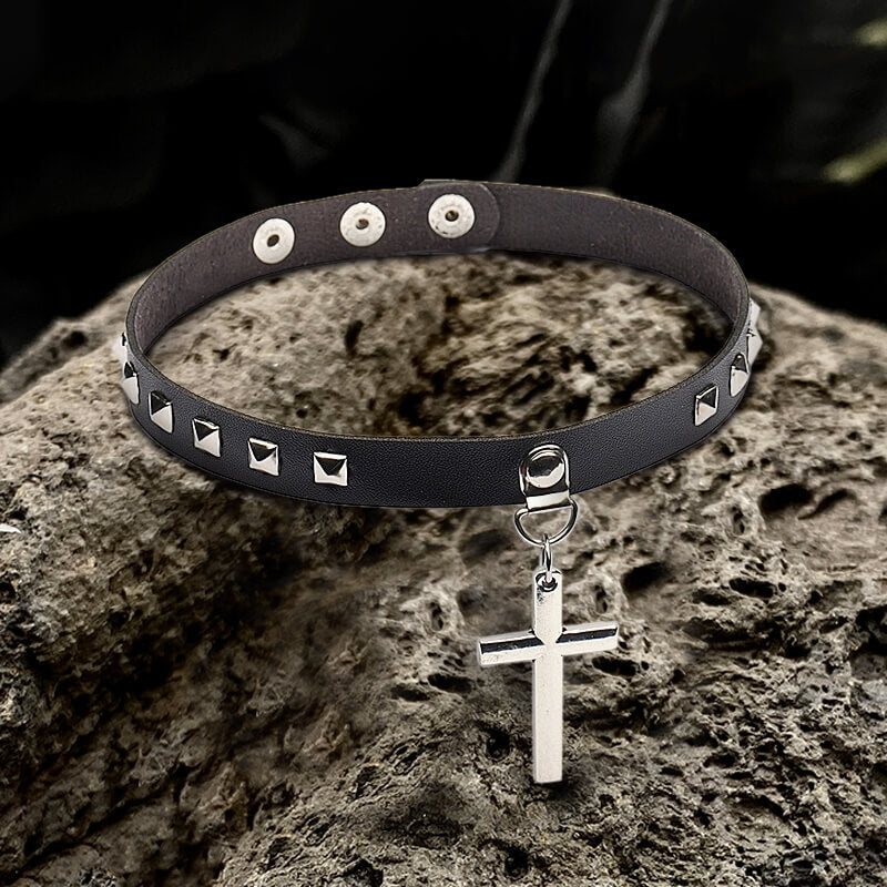 Punk Rivet Cross Pu Leather Choker Necklace