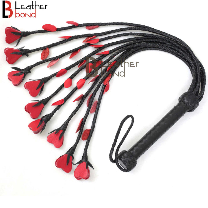 ❤️ Real Genuine Cow Hide Leather Flogger – 9 Braided Falls with Red Hearts | Heavy Duty Handmade Cat-o-Nine