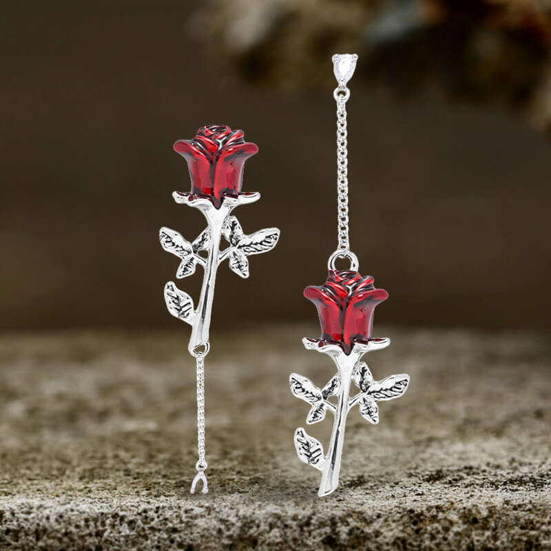 Red Rose Tassel Alloy Drop Earrings