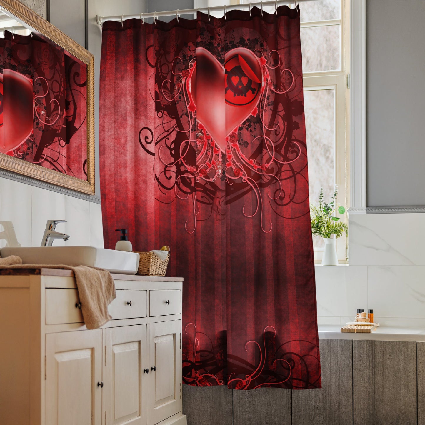 Skull Heart Shower Curtain