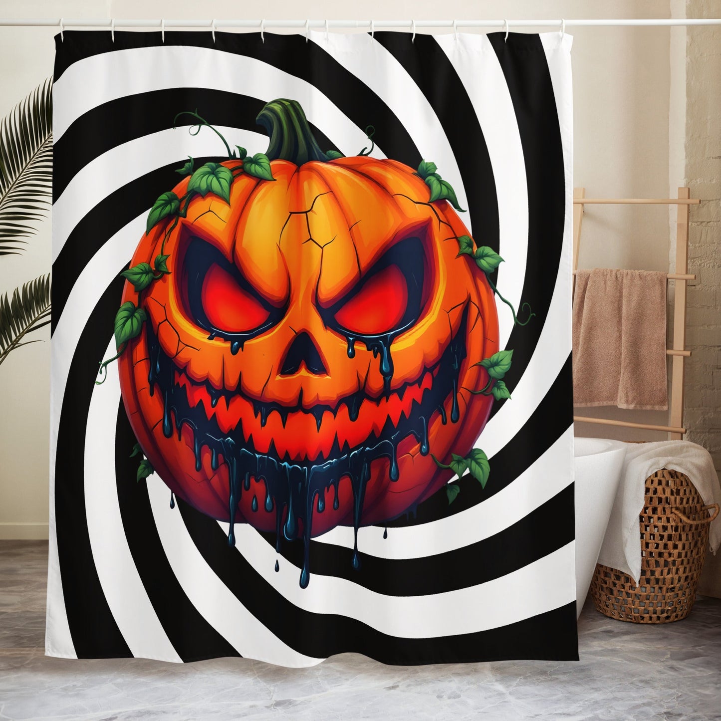 Evil Jack-o-lantern on Black and White Spiral Shower Curtain