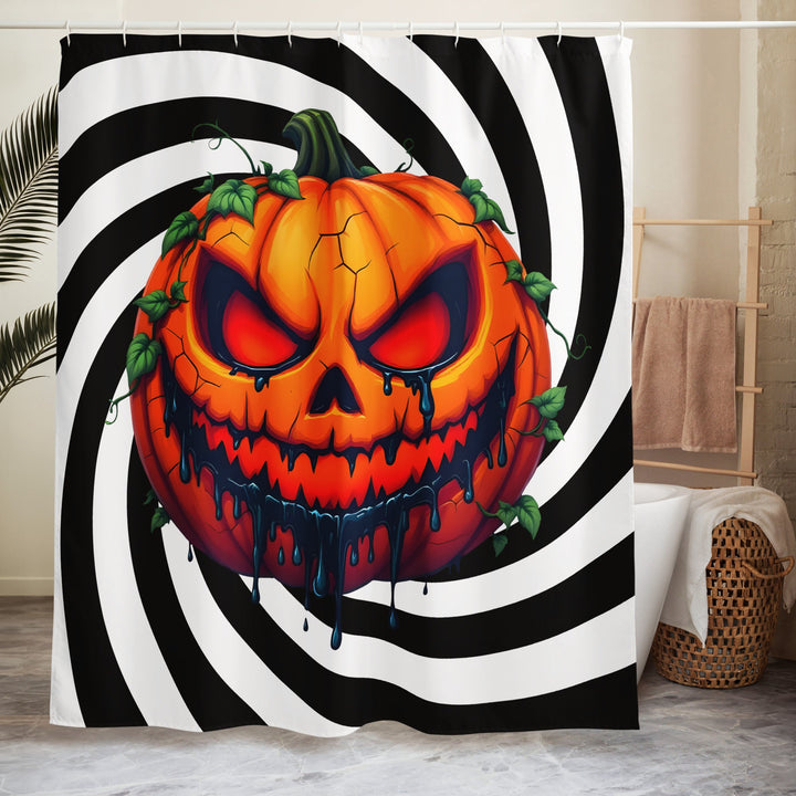 Evil Jack-o-lantern on Black and White Spiral Shower Curtain