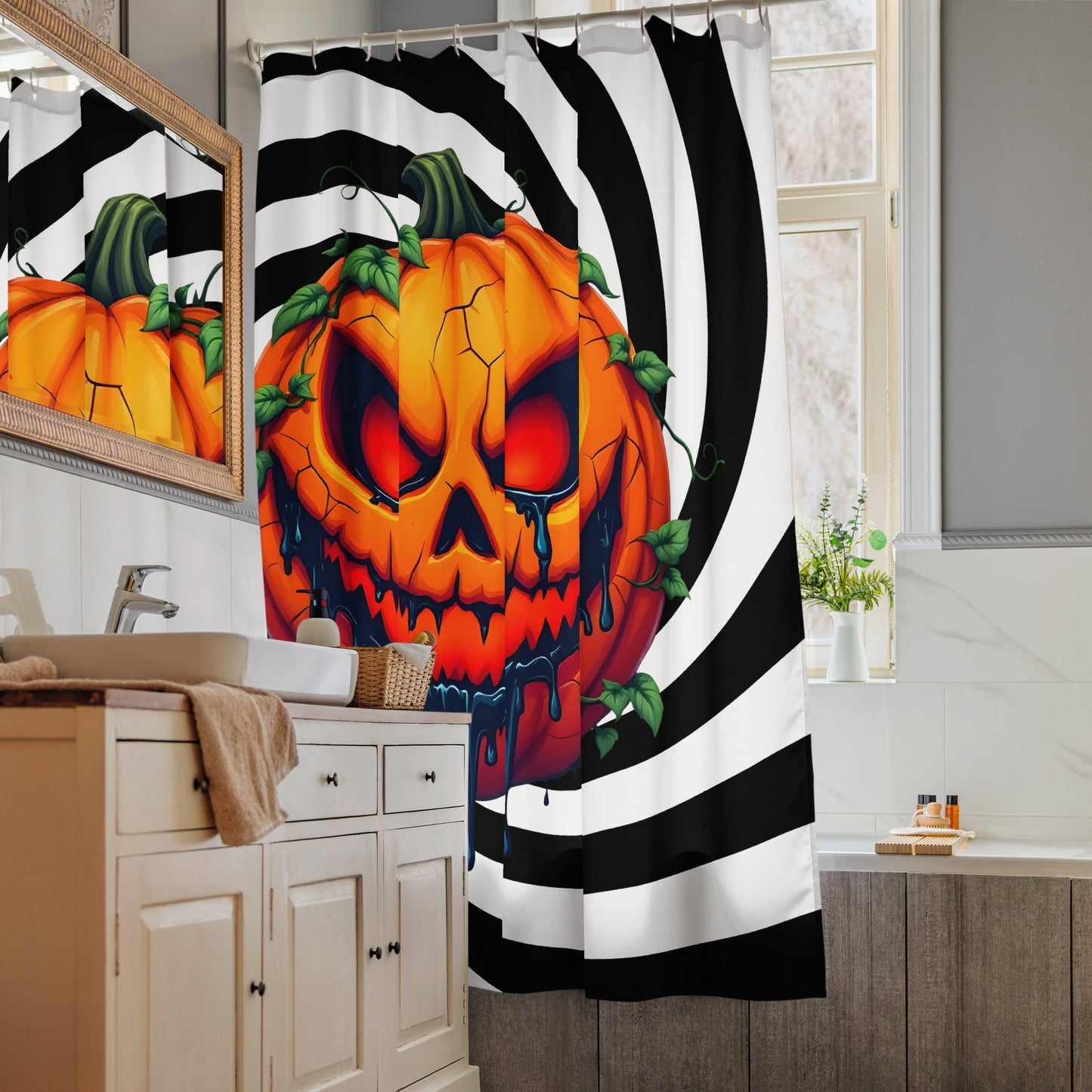Evil Jack-o-lantern on Black and White Spiral Shower Curtain