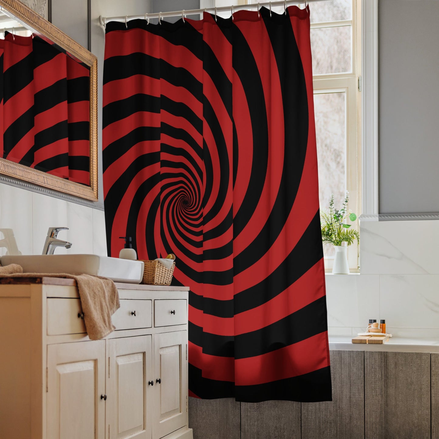 Black and Red Spiral Shower Curtain