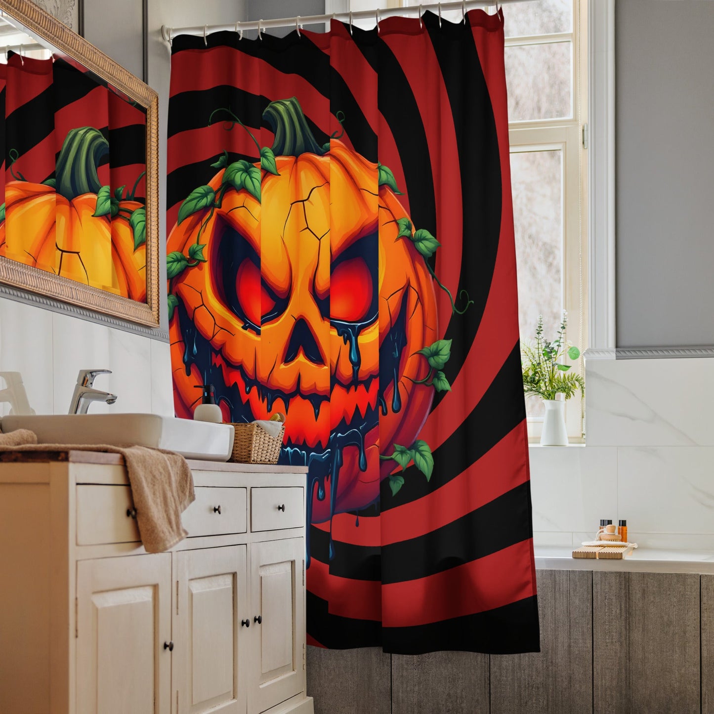 Evil Jack-o-lantern on Black and Red Spiral Shower Curtain
