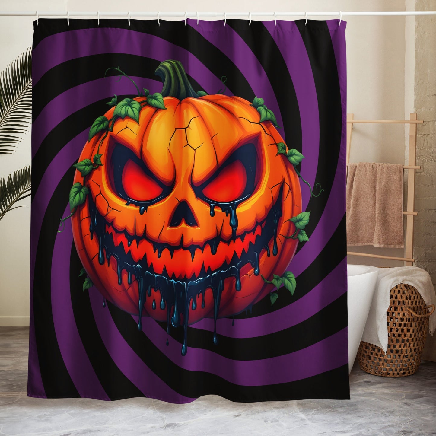 Evil Jack-o-lantern on Black and Purple Spiral Shower Curtain