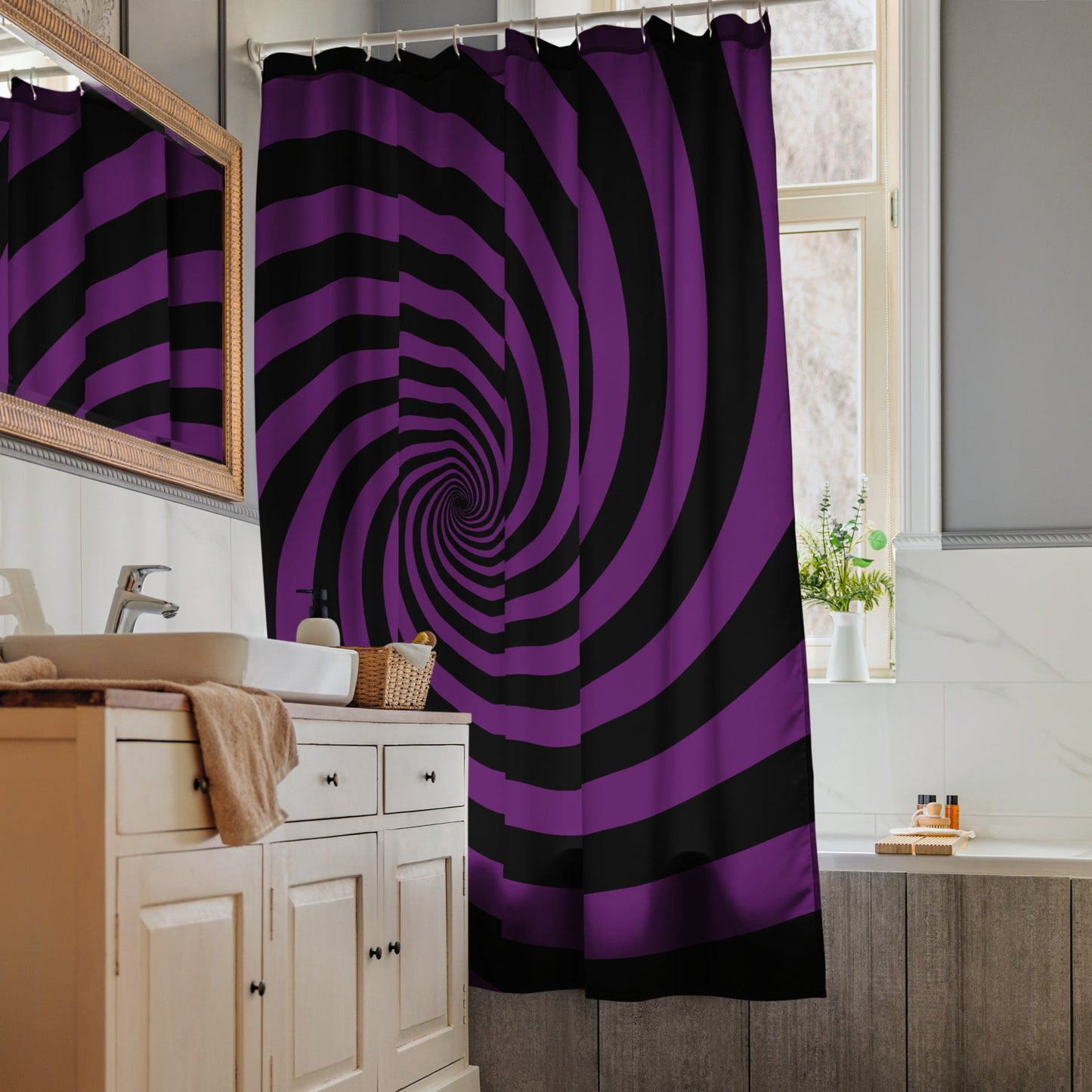 Black and Purple Spiral Shower Curtain