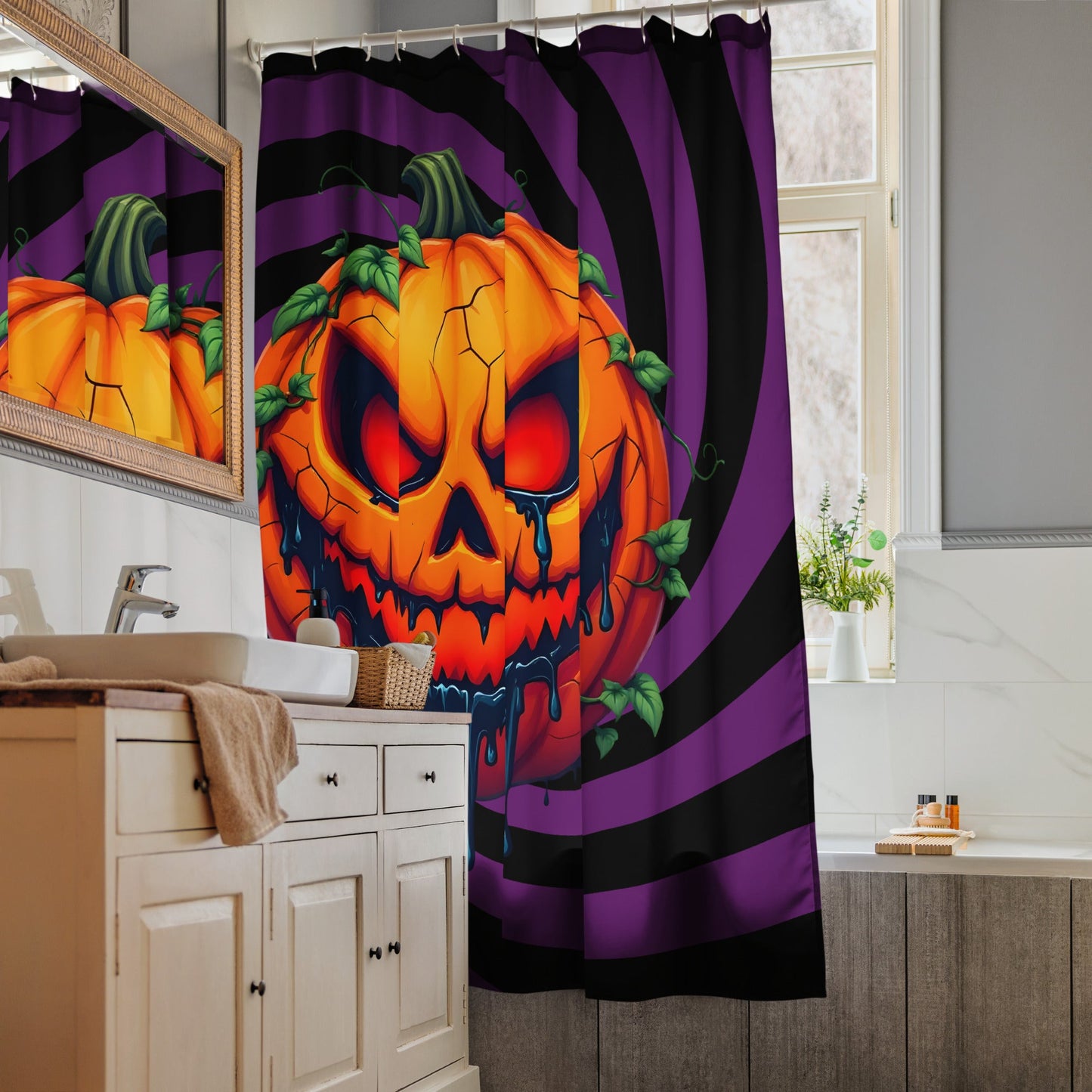 Evil Jack-o-lantern on Black and Purple Spiral Shower Curtain