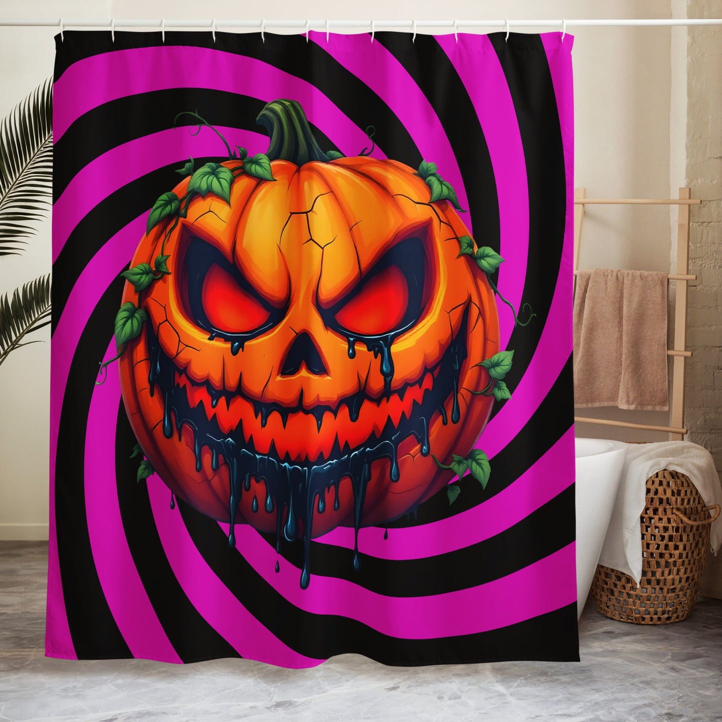 Evil Jack-o-lantern on Black and Pink Spiral Shower Curtain