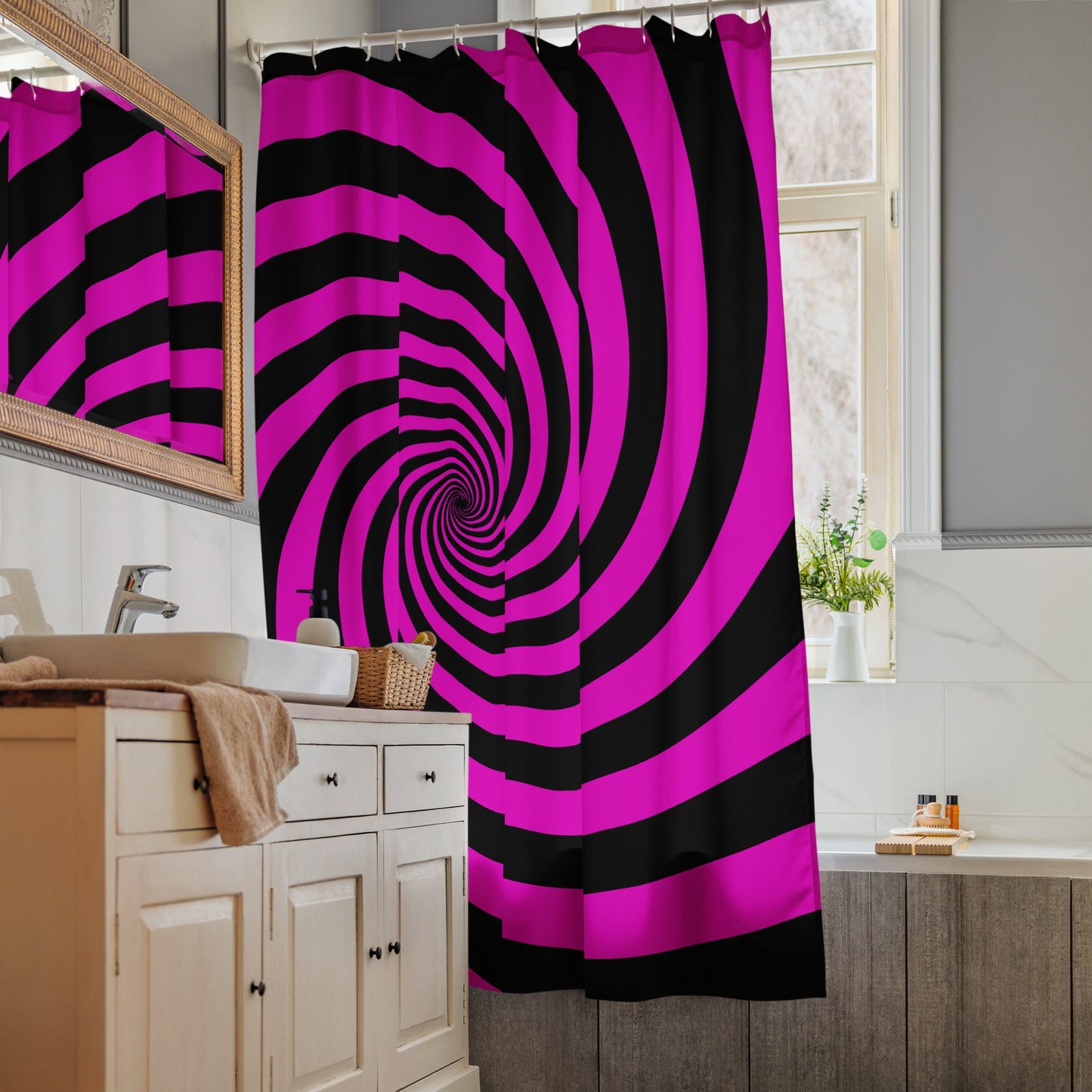 Black and Pink Spiral Shower Curtain