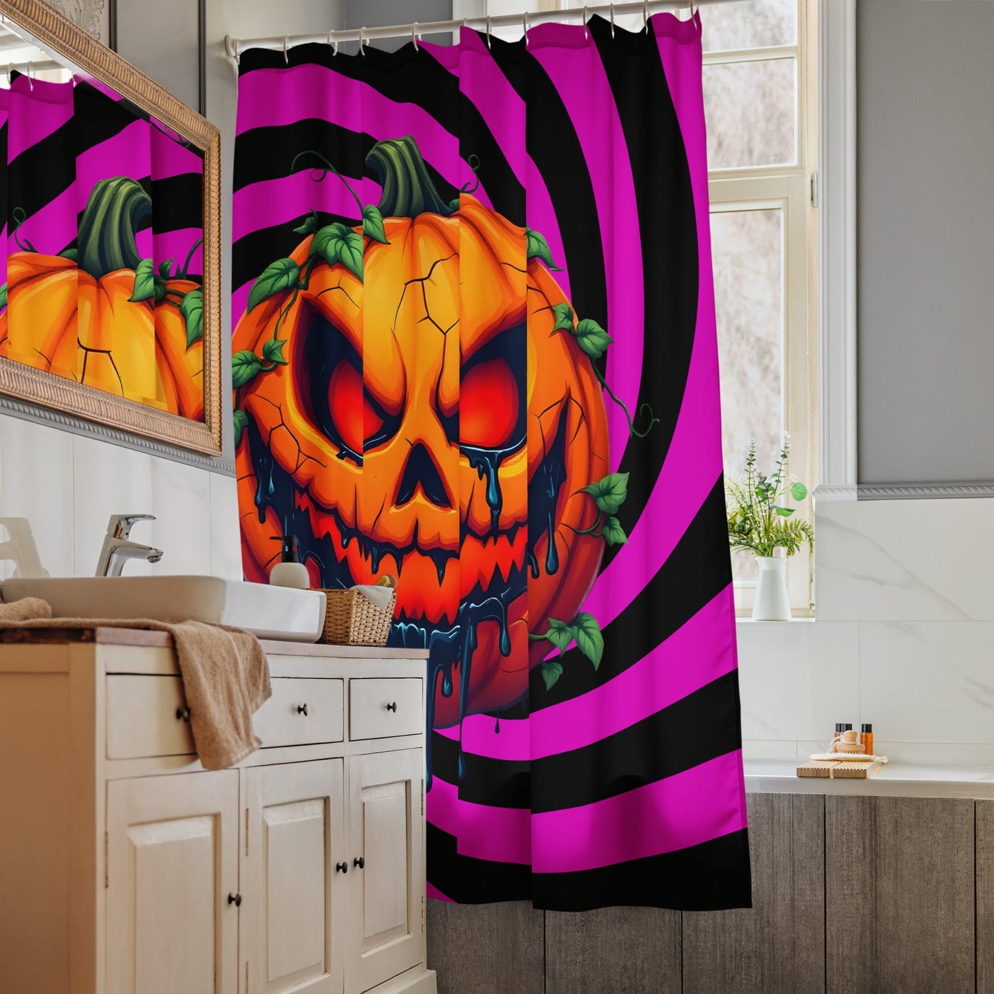 Evil Jack-o-lantern on Black and Pink Spiral Shower Curtain