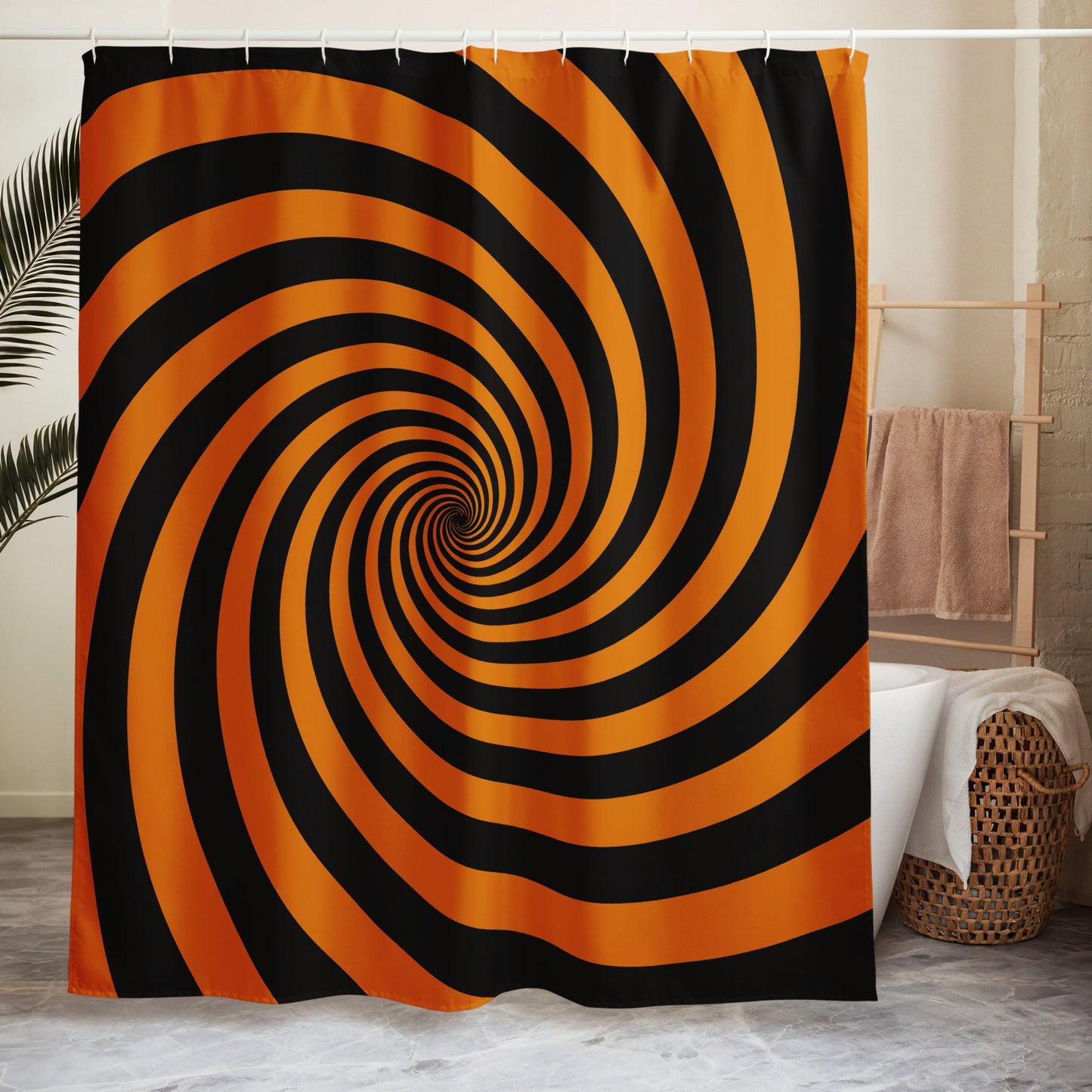 Black and Orange Spiral Shower Curtain