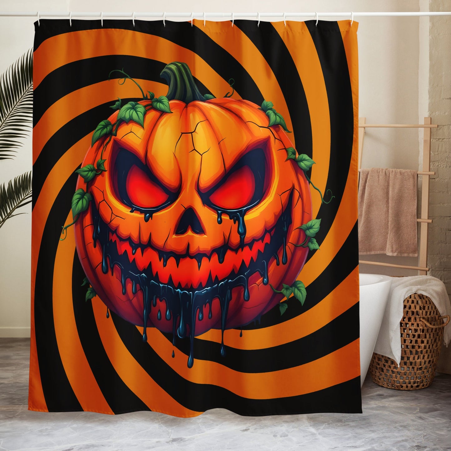 Evil Jack-o-lantern on Black and Orange Spiral Shower Curtain