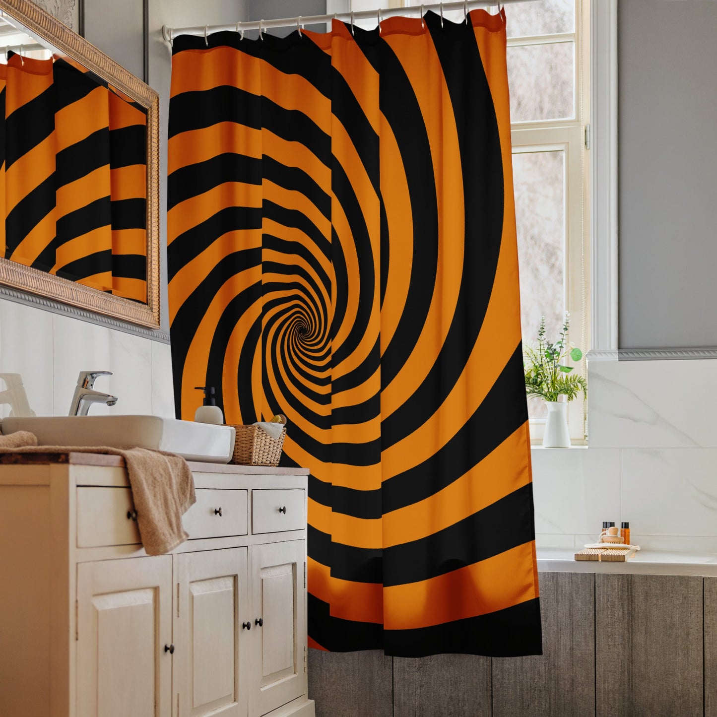 Black and Orange Spiral Shower Curtain
