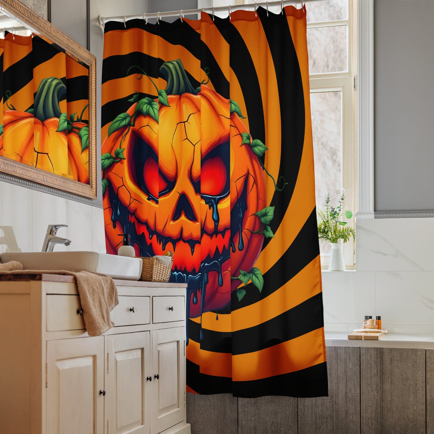 Evil Jack-o-lantern on Black and Orange Spiral Shower Curtain