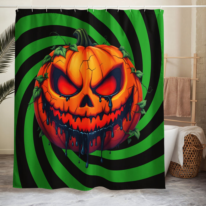 Evil Jack-o-lantern on Black and Green Spiral Shower Curtain
