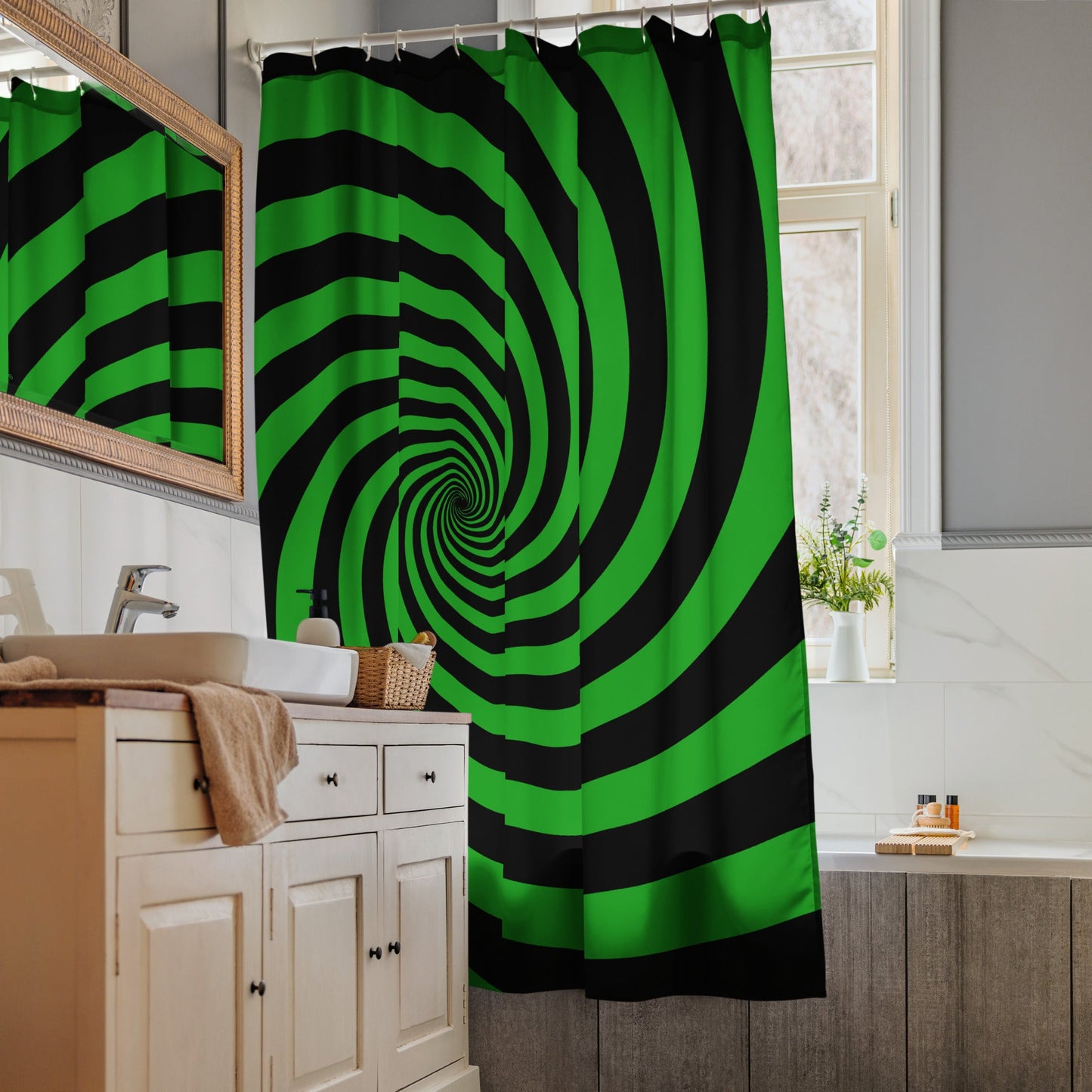 Black and Green Spiral Shower Curtain