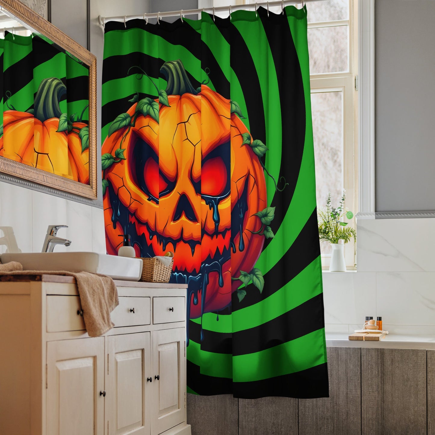 Evil Jack-o-lantern on Black and Green Spiral Shower Curtain