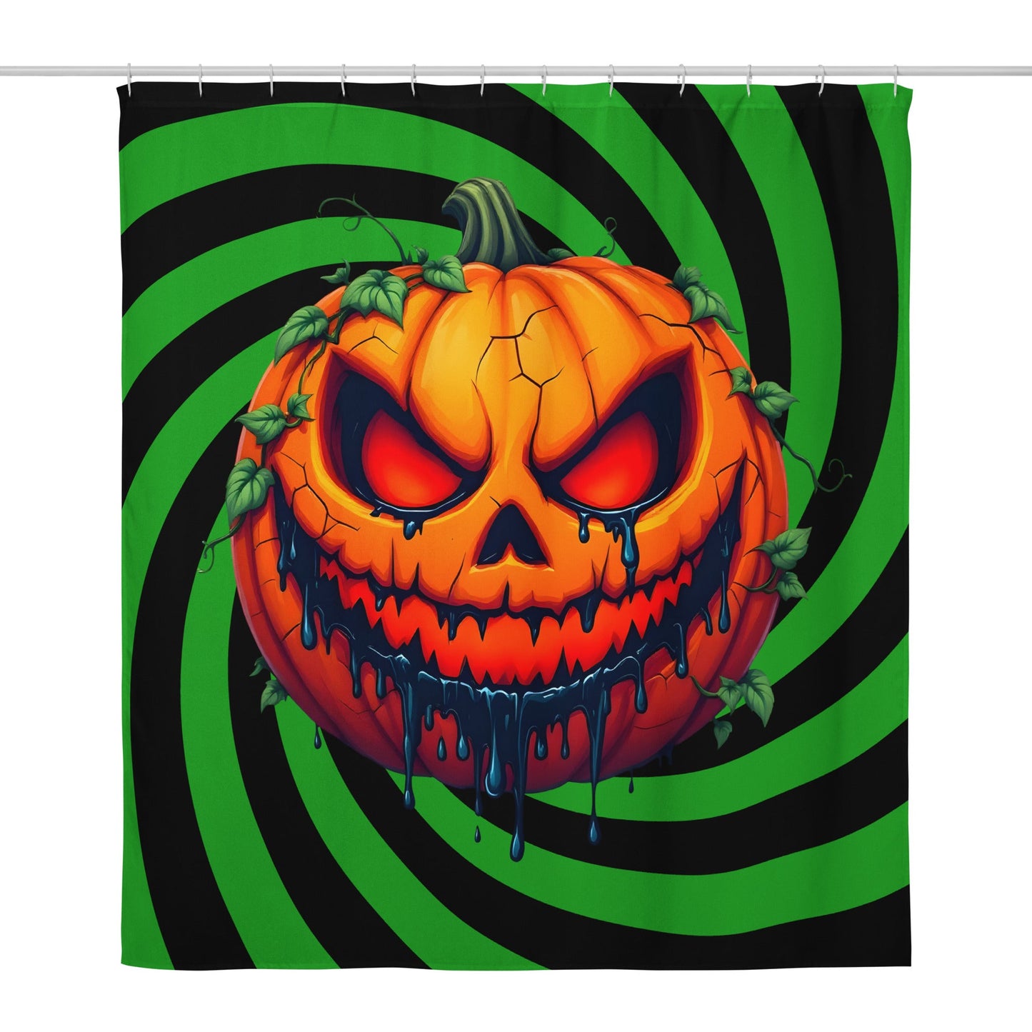 Evil Jack-o-lantern on Black and Green Spiral Shower Curtain