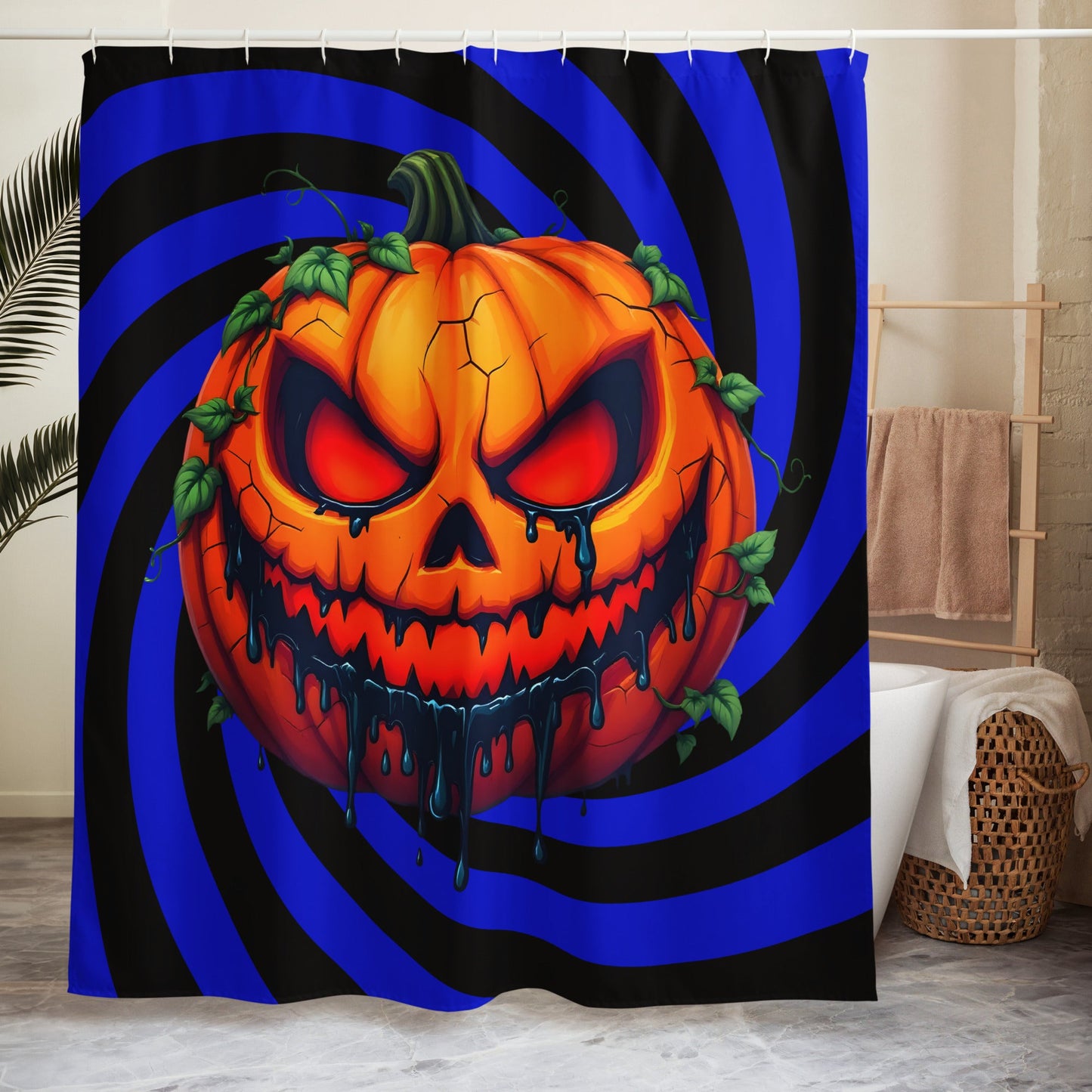 Evil Jack-o-lantern on Black and Blue Spiral Shower Curtain