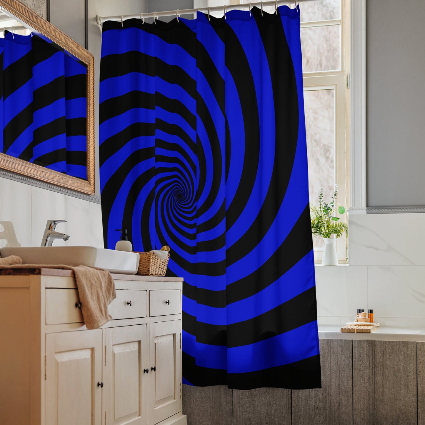 Black and Blue Spiral Shower Curtain