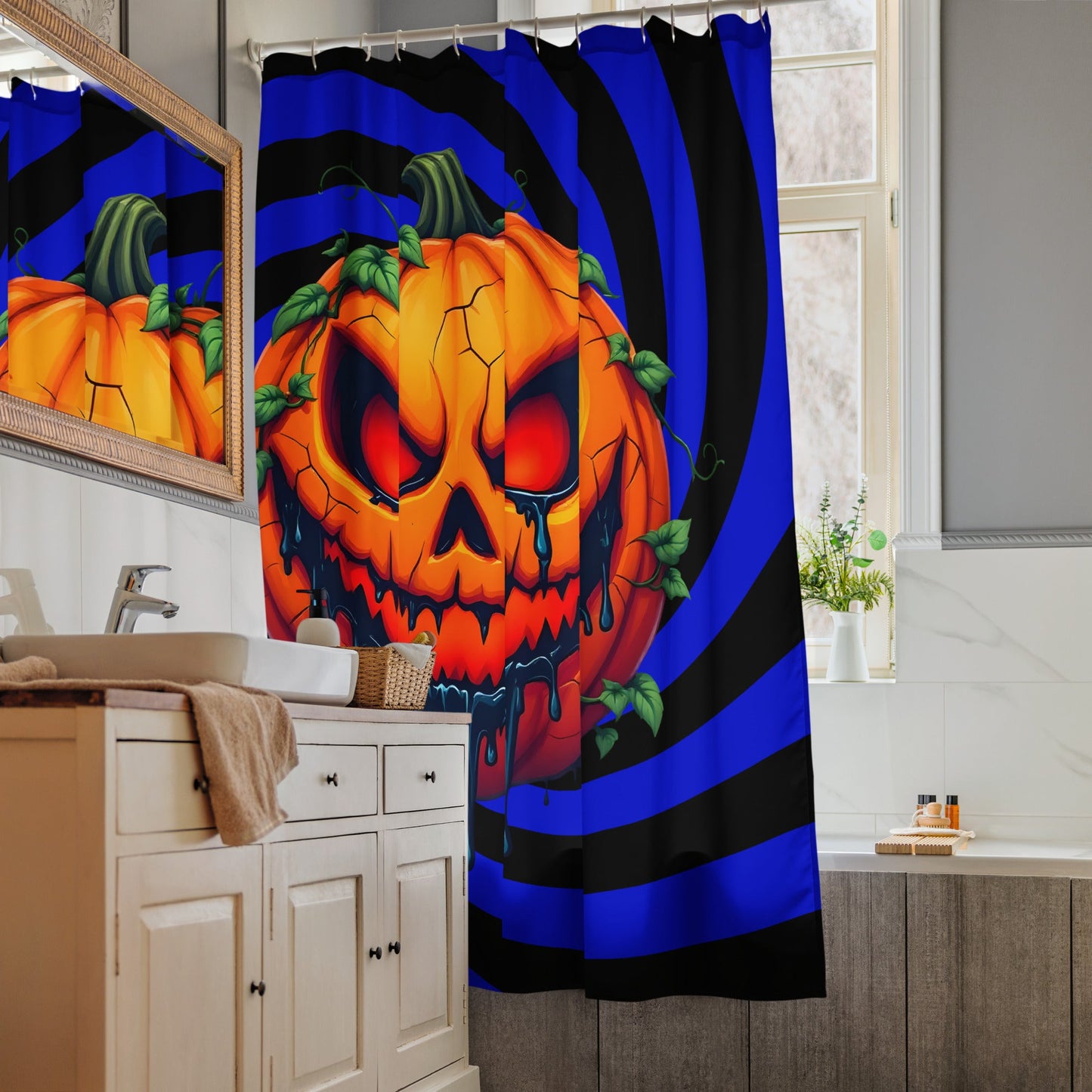 Evil Jack-o-lantern on Black and Blue Spiral Shower Curtain