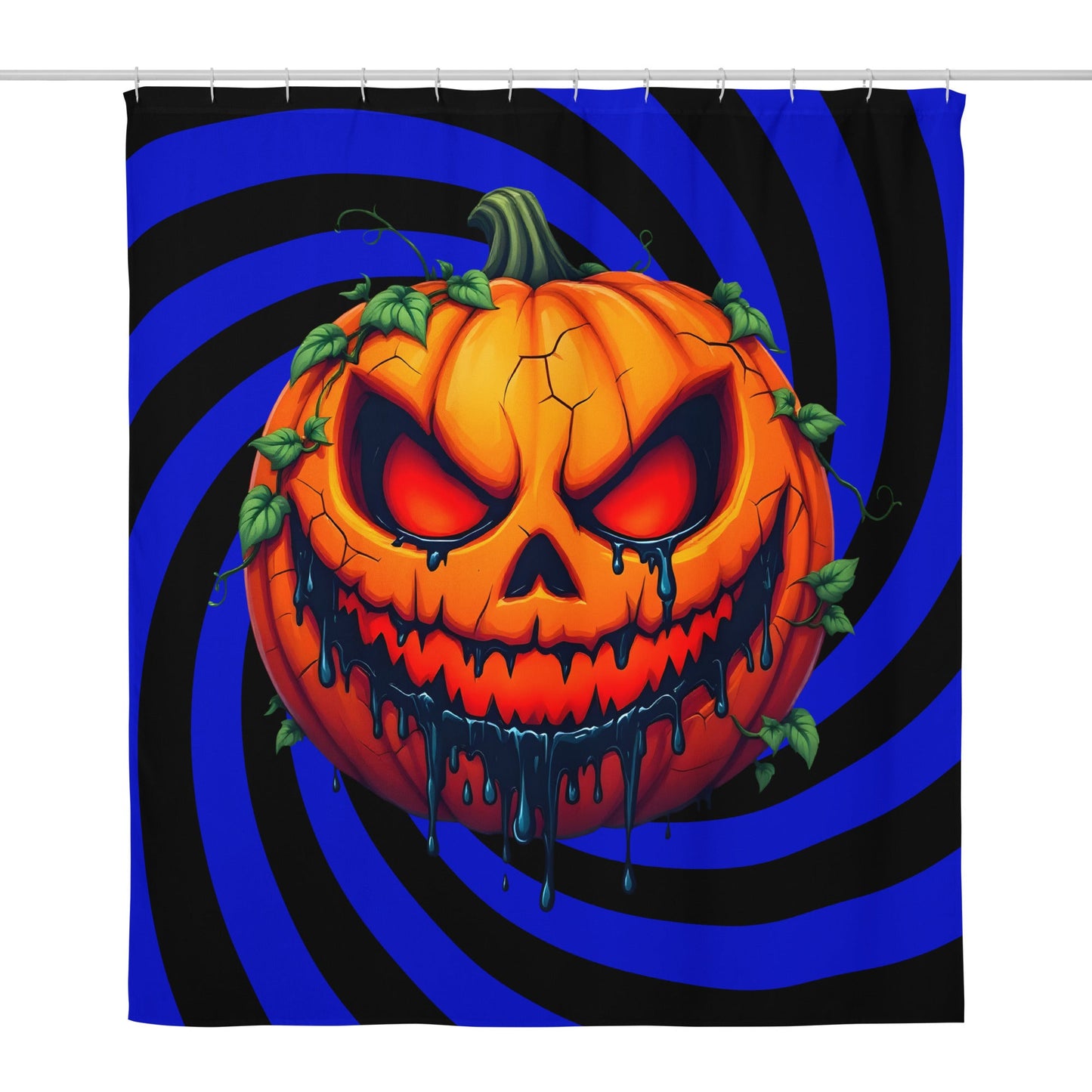 Evil Jack-o-lantern on Black and Blue Spiral Shower Curtain
