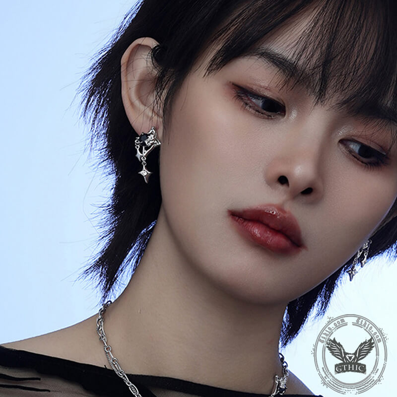 Silver 4 Pointed Star Alloy Drop Earrings