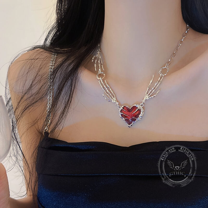 Skeleton Hands Red Heart Alloy Choker Necklace