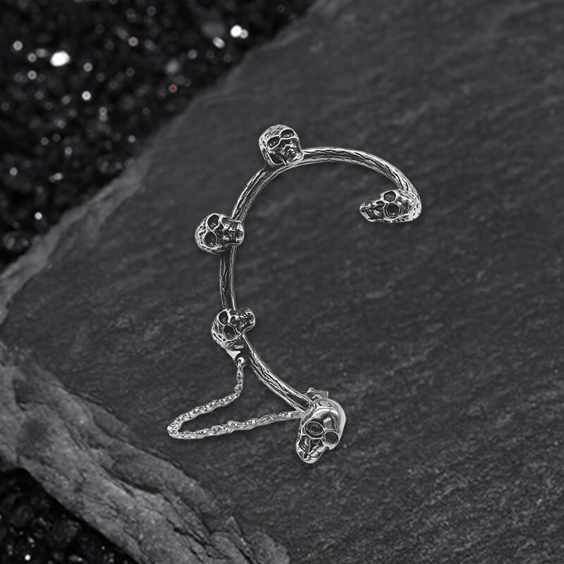Skull Heads Stainless Steel Ear Cuffs Chain Earrings