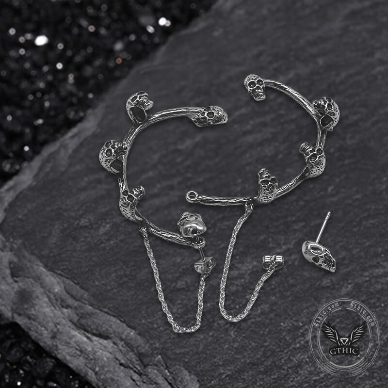 Skull Heads Stainless Steel Ear Cuffs Chain Earrings