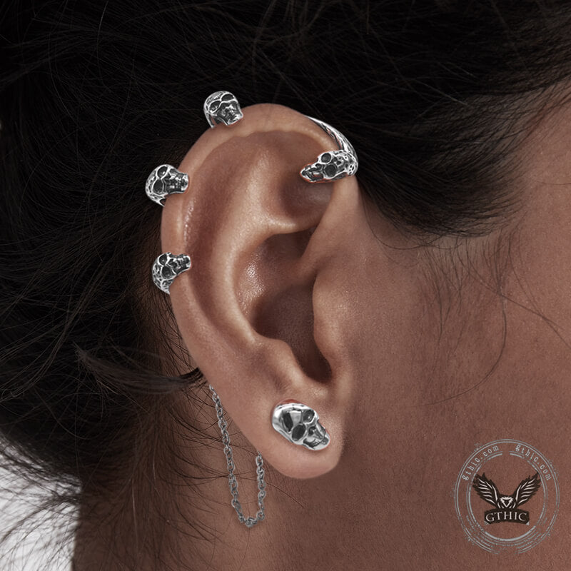 Skull Heads Stainless Steel Ear Cuffs Chain Earrings