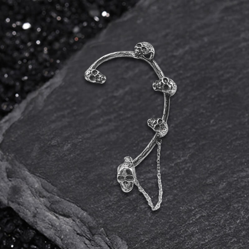Skull Heads Stainless Steel Ear Cuffs Chain Earrings